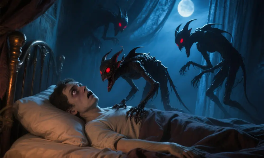 Terrifying nightmare scene with sleep paralysis and demonic shadows in a bedroom.