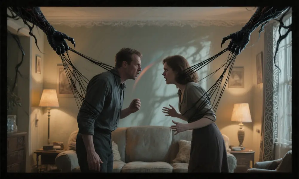 Couple in argument with divisive shadowy forces pulling them apart.