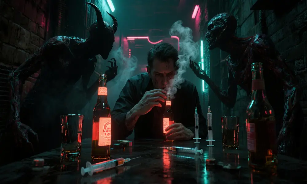 Person tempted by vices with demonic whispers encouraging addiction.