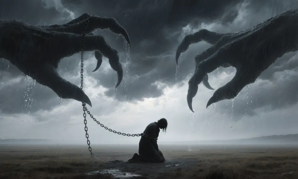Figure engulfed in despair with heavy dark clouds of fear pressing down.