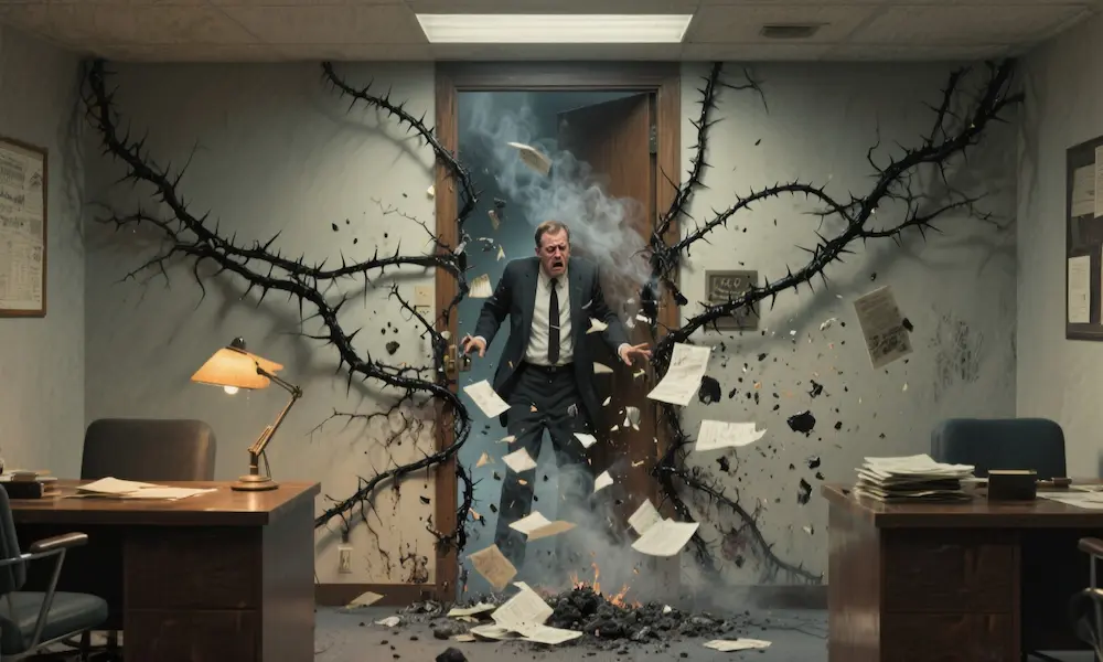 Professional facing crumbling career path with shadowy barriers.