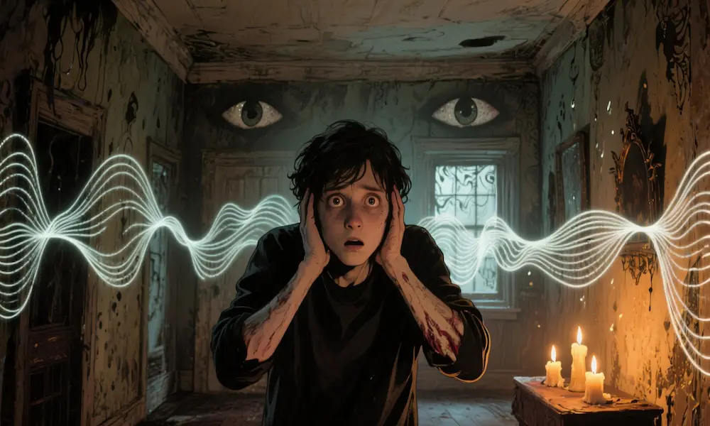 Person sensing ghostly presences with shadows and whispers in a room.