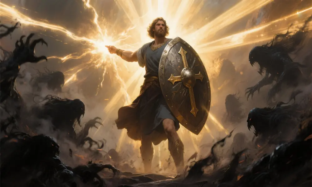 Shield of faith: Person protected by divine light against spiritual darkness.