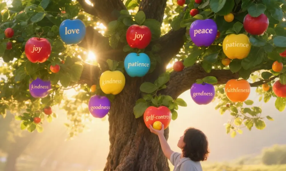 A person reaches up to pick vibrant, multicolored fruit from a sunlit tree, each fruit inscribed with a spiritual quality.