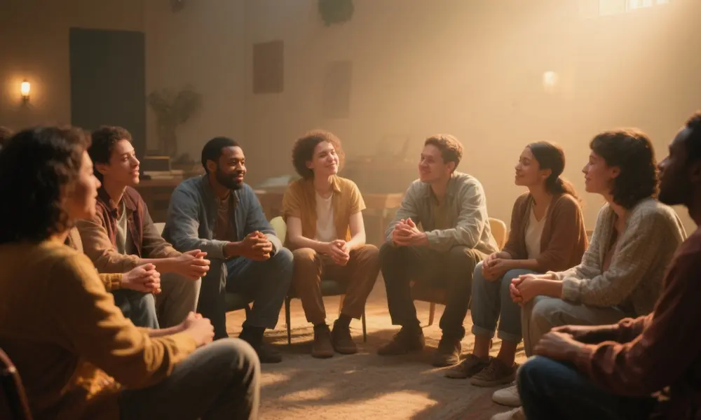 Diverse community gathered in a circle, sharing and supporting each other on their spiritual journeys.