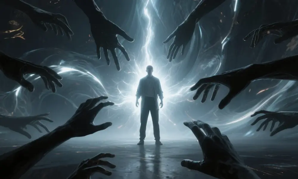 A person with a glowing aura is surrounded by shadowy hands, representing spiritual attacks and temptations.