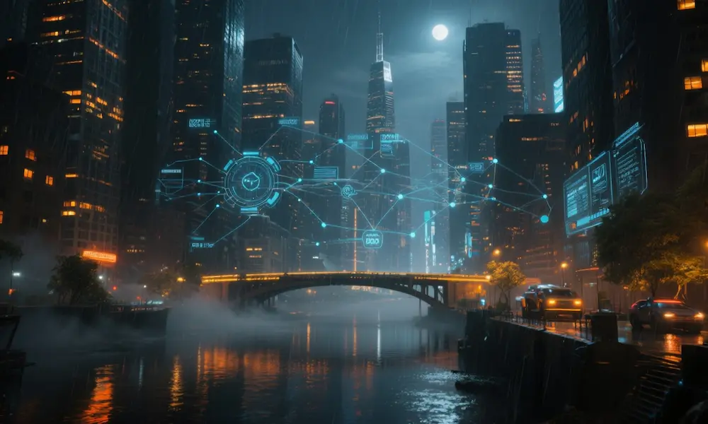 Night city skyline with a faint surveillance grid overlay.
