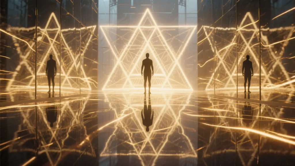 Futuristic mirror reflecting humanity and sacred patterns.