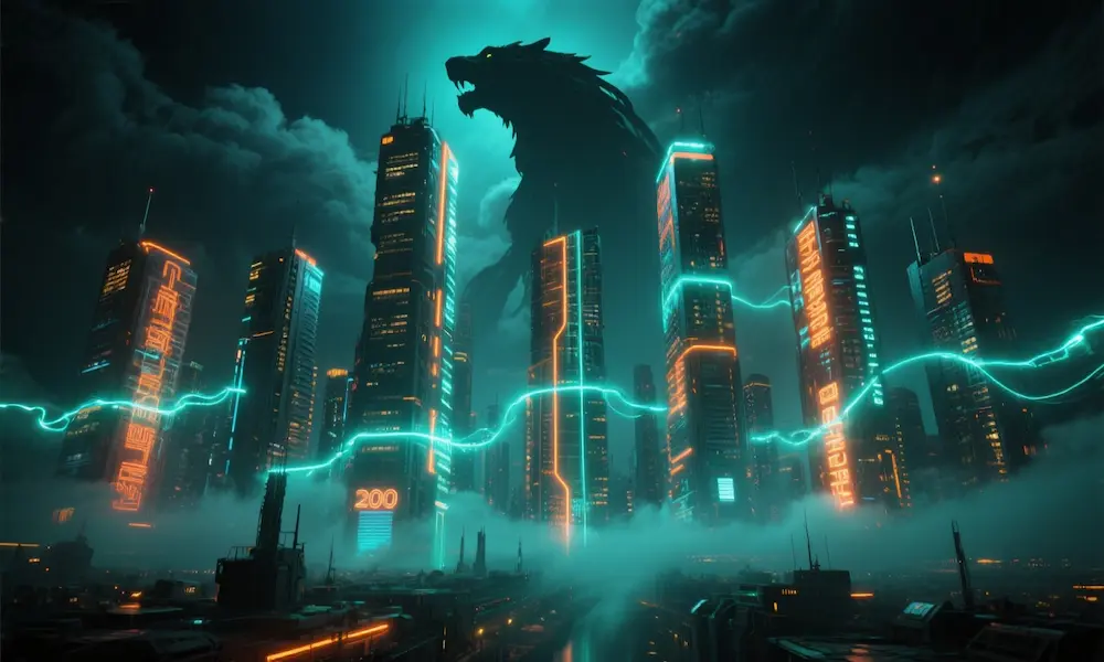 Futuristic skyline with ten illuminated towers linked by energy lines, a vast shadowy beast shape in the clouds.