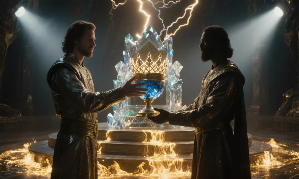 Close detail of the throne of God—crystalline radiance, refining rivers of fire, and a crown being placed.