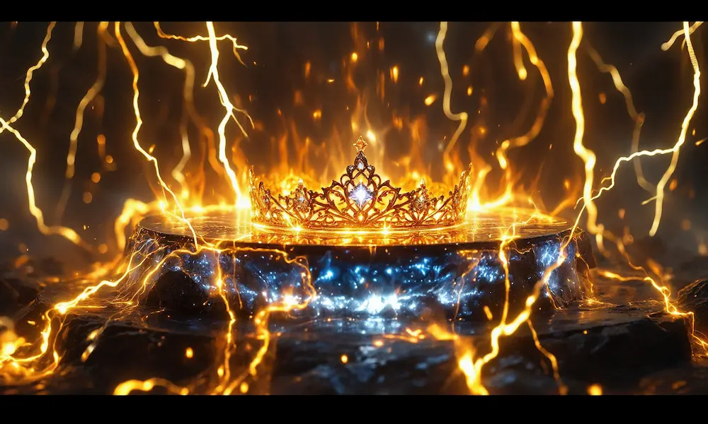 Close detail of the throne of God—crystalline radiance, refining rivers of fire, and a crown being placed.