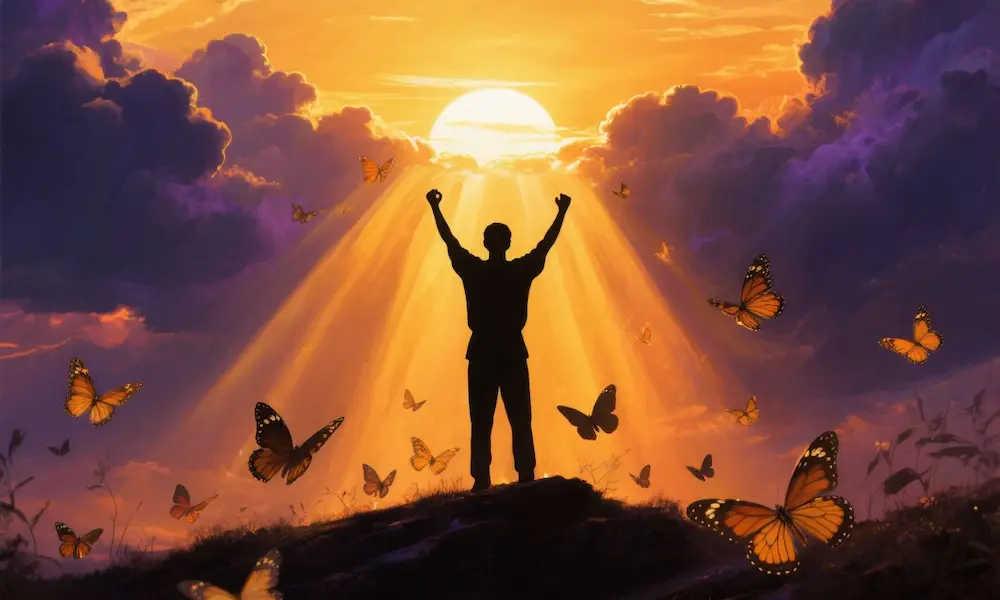 Person silhouetted with arms raised in triumph against a golden sunrise, butterflies emerging from shadows, symbolizing hope and transformation.