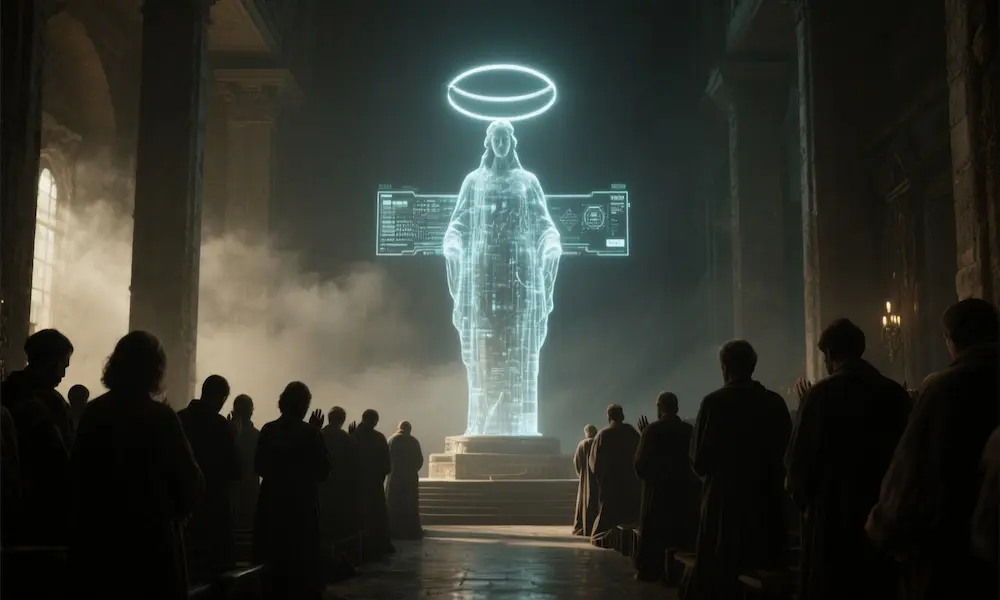 A congregation of shadowed figures bowing to a giant holographic screen shaped like an idol.