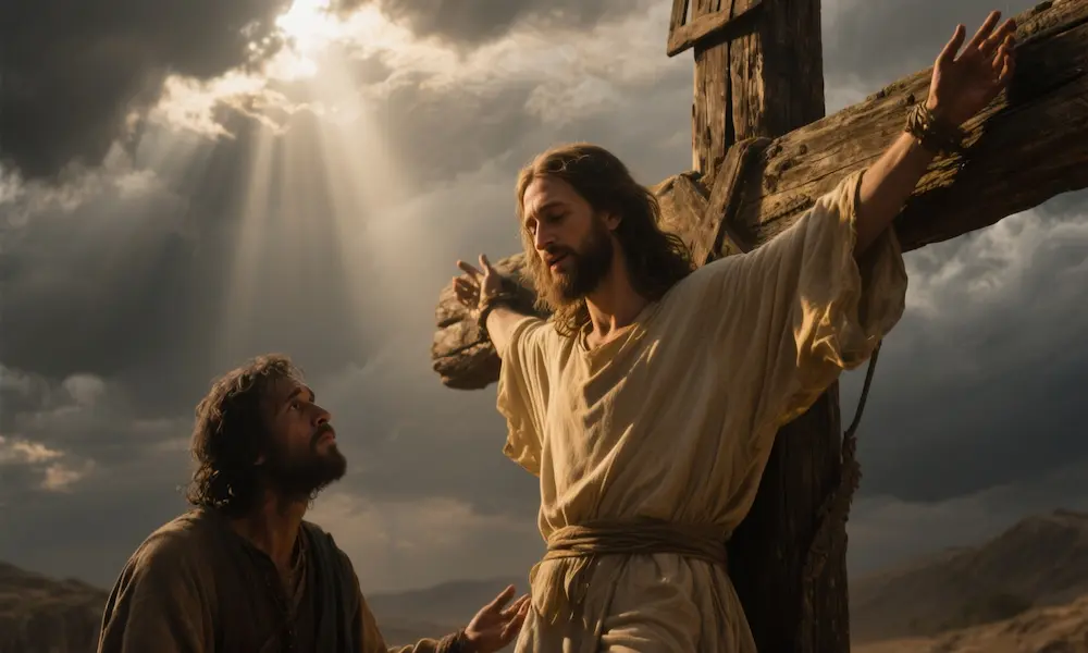 Jesus on the cross promising paradise to the repentant thief in dramatic biblical scene