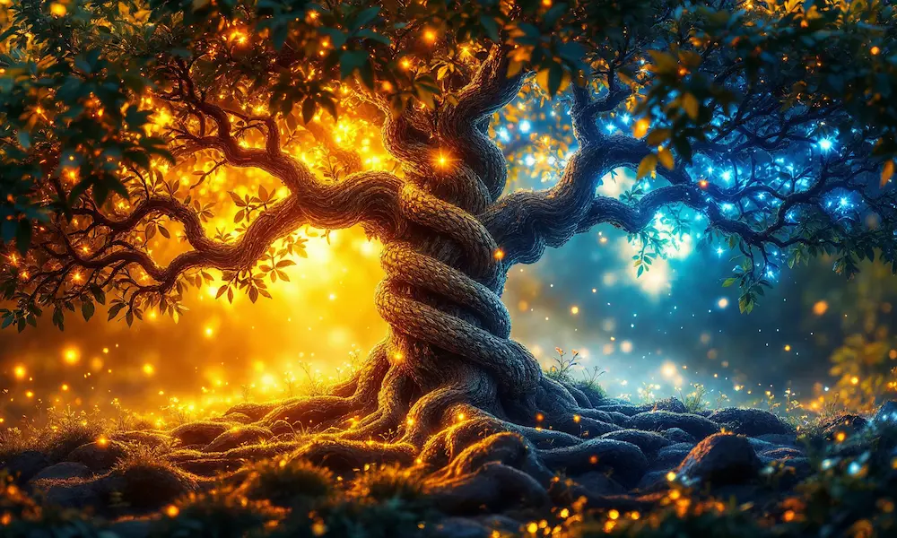 The Tree of Life braided with gold and fire, springs of honey and milk glowing beneath it in a radiant garden.