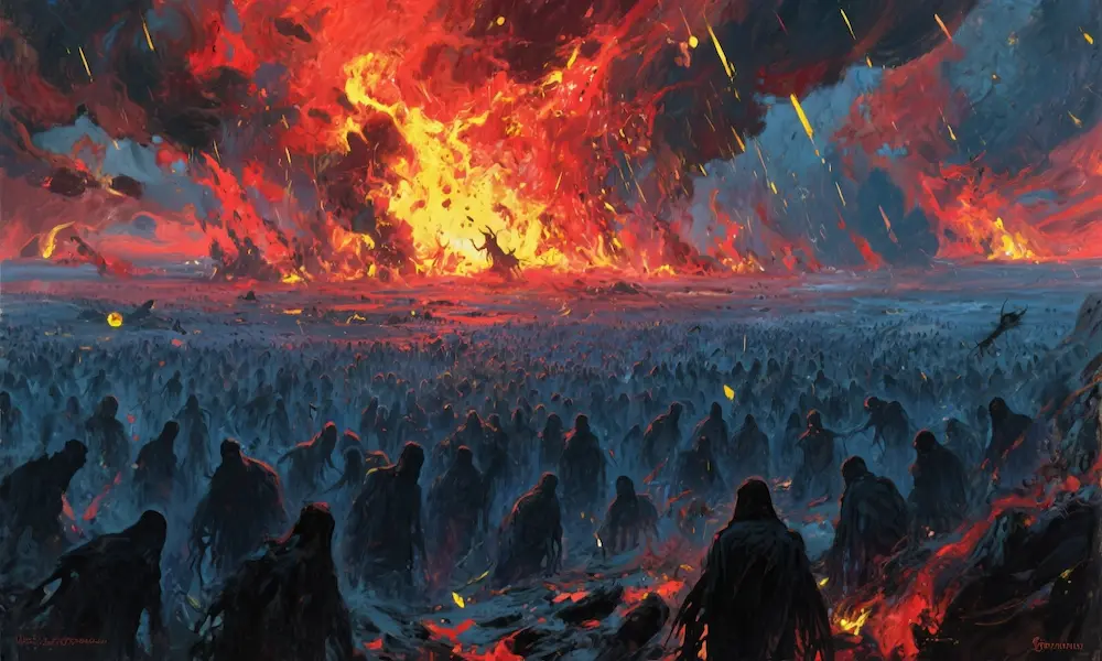 A terrifying but symbolic representation of the apocalyptic army from Revelation 9, with plagues of fire, smoke, and sulfur.