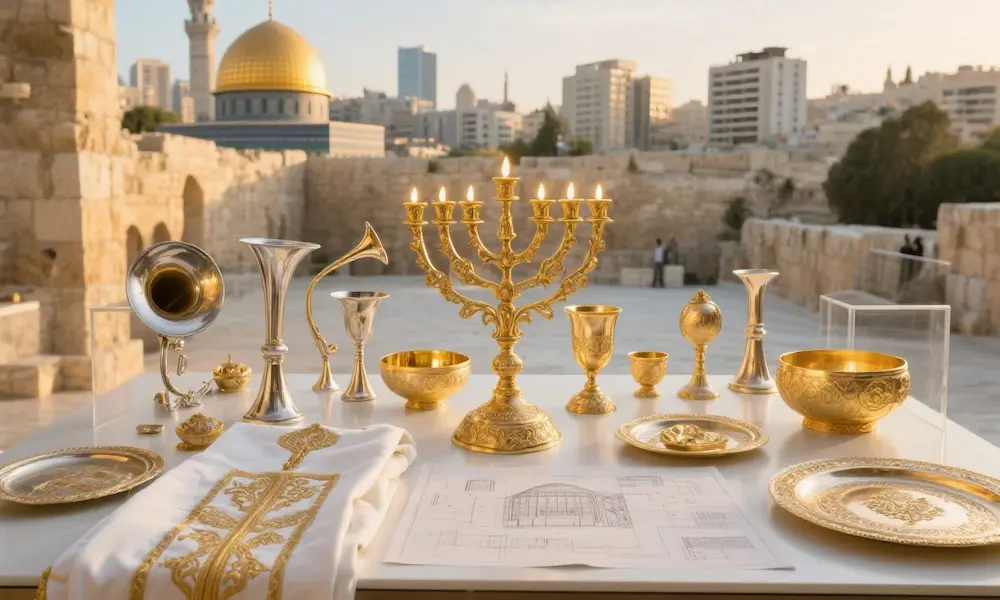 Modern preparations for third temple construction in Jerusalem with sacred vessels