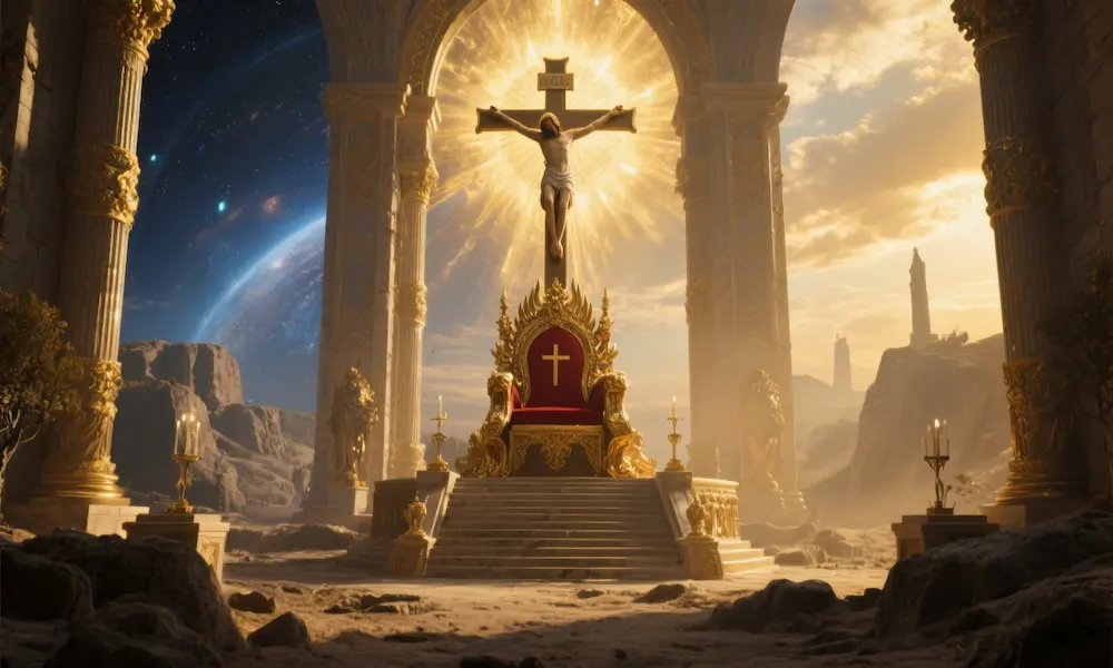 The throne and the cross united showing how Jesus' position led to redemptive victory