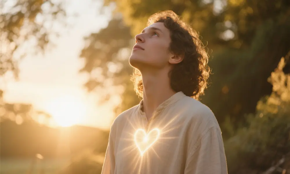 Person living transformed life with heavenly light and hope radiating from within, cinematic inspiration