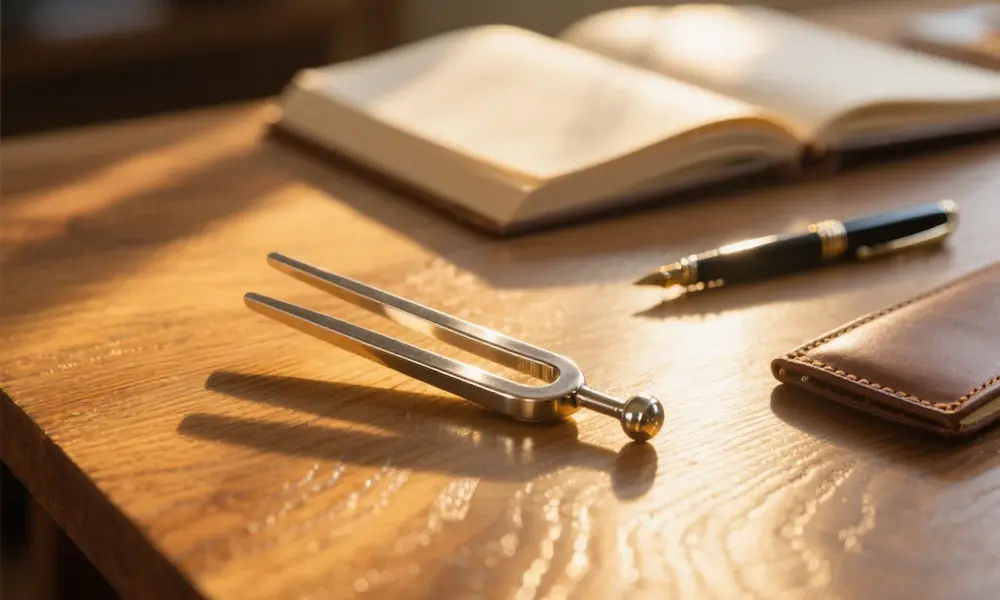 Close-up of a metal tuning fork resonating on a wooden surface beside a journal and pen in morning light.