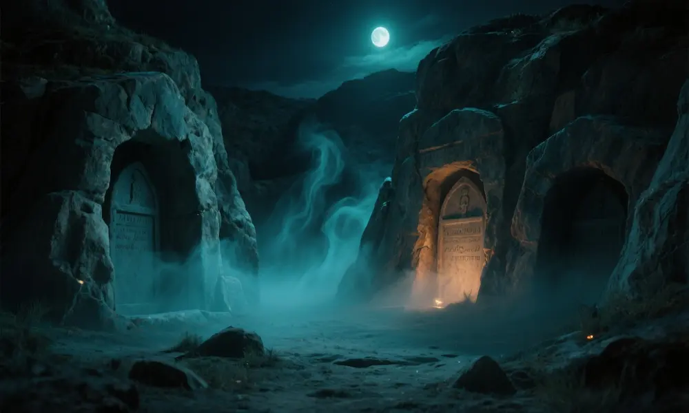 Moonlit tombs with spectral wisps rising—unclean spirits leaving burial places, cold blue shadows and rim light.