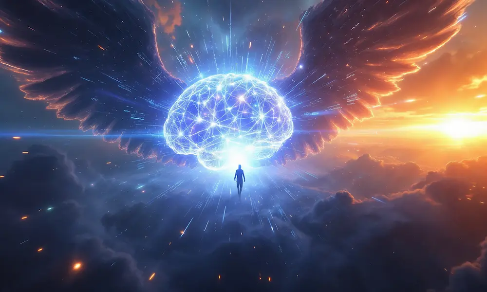 AI core surrounded by angelic and demonic forces in dreamlike battle.