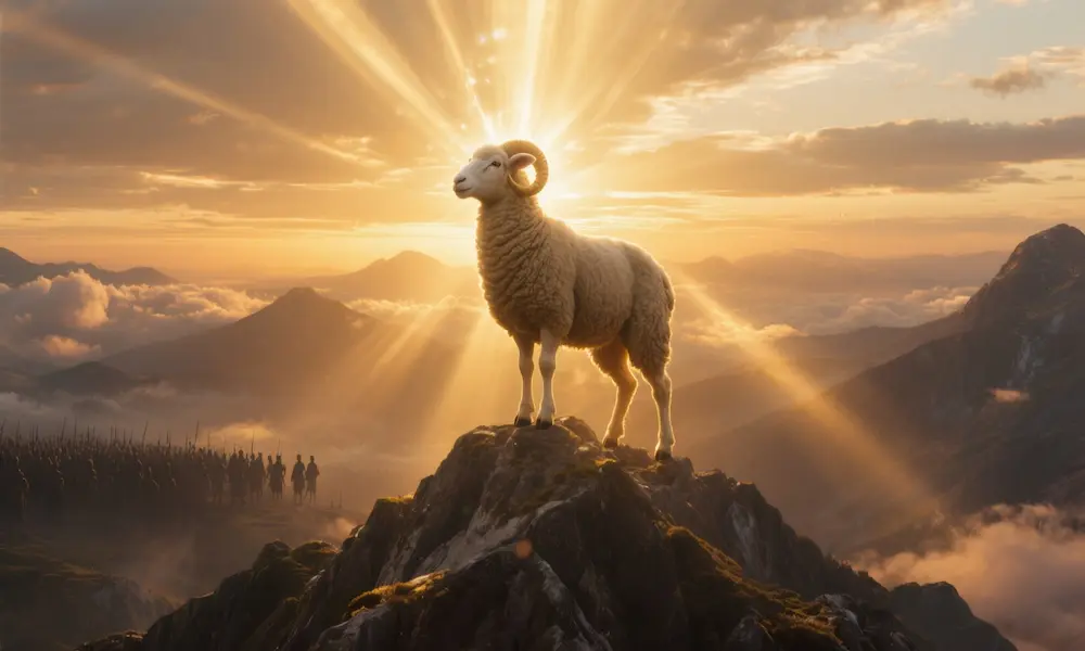 Radiant Lamb on a mountain peak at sunrise as shadowy armies fade in the valley below.