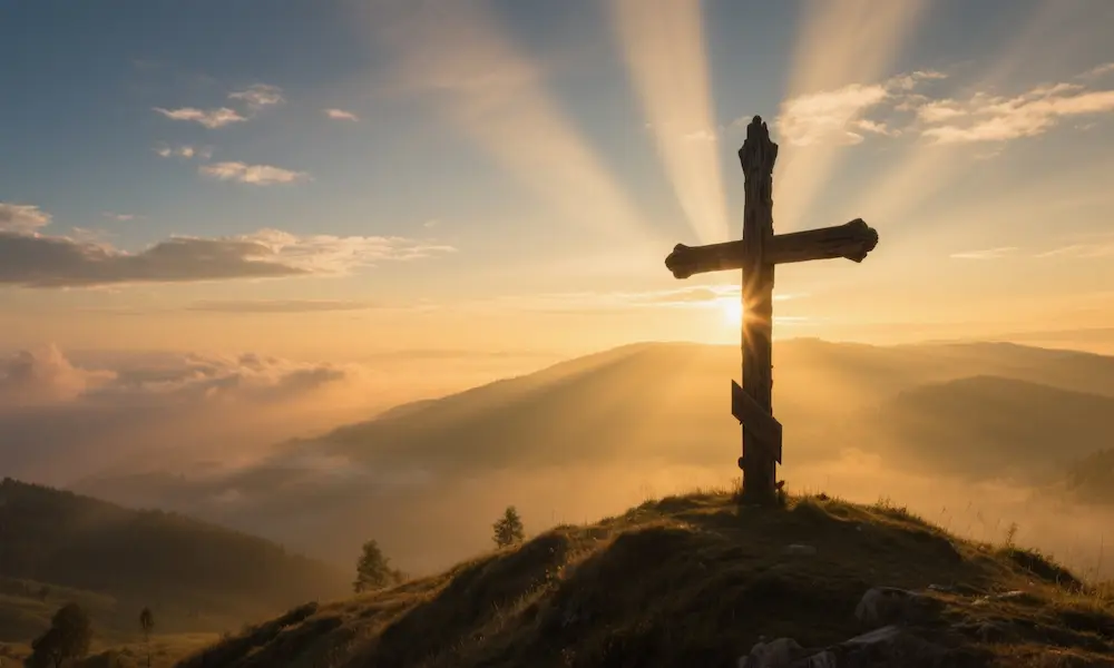 Wooden cross on a hilltop silhouetted against sunrise, symbolizing victory over sin and death.