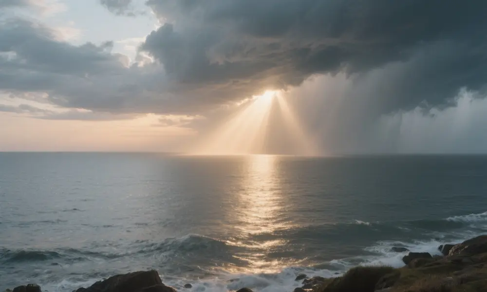 The first light of dawn breaking through a stormy sky over a calm sea, symbolizing hope and vigilance after judgment.
