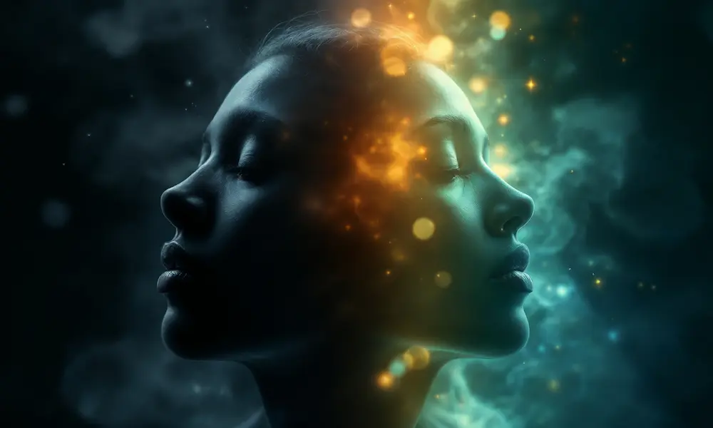 Visual metaphor showing person walking from darkness into God's light representing spiritual transformation