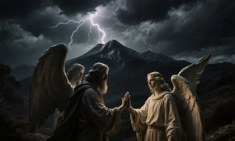 The Watchers swearing their oath on Mount Hermon under a stormy sky.