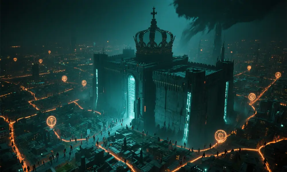 A monumental server-fortress casting a long shadow over a mapped city, biometric lines connecting people like nodes.