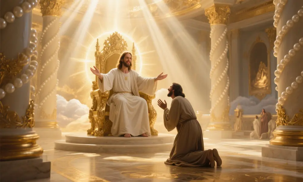 Jesus welcoming faithful servant with "well done" recognition in heavenly throne room scene