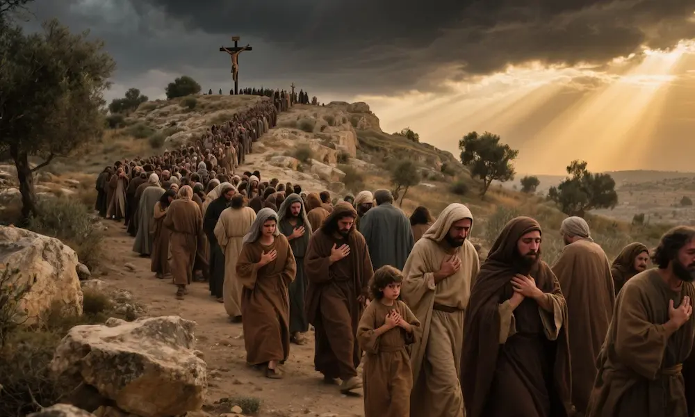 Crowd leaving the crucifixion site, beating their breasts in grief and repentance