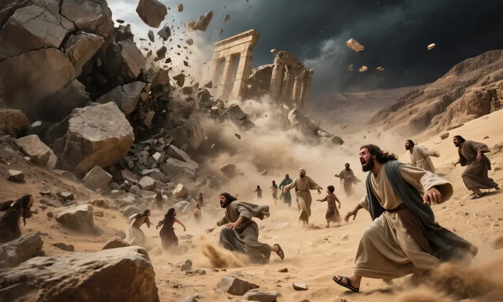Earthquake at Golgotha with rocks splitting and people reacting in fear.