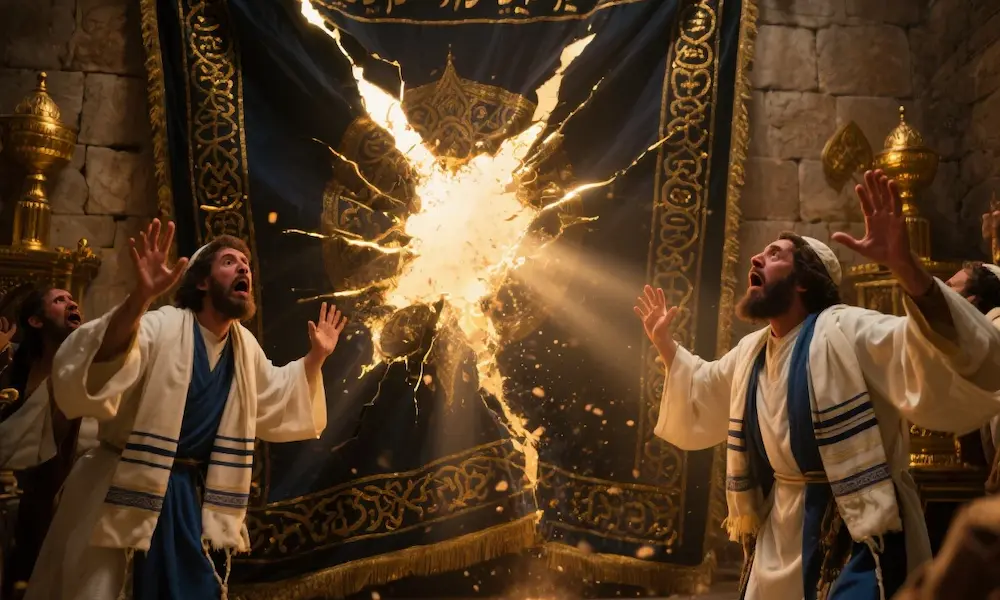 The temple veil torn in two, with priests witnessing the event in astonishment.