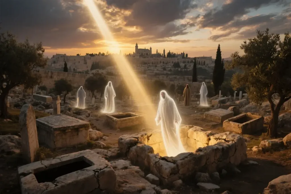 Tombs opening and holy people rising, bathed in supernatural light.