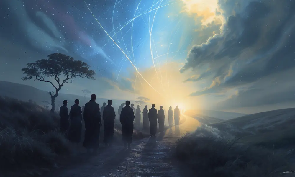Diverse figures on a shared path, looking towards a light, symbolizing universal spiritual seeking and repentance across cultures.
