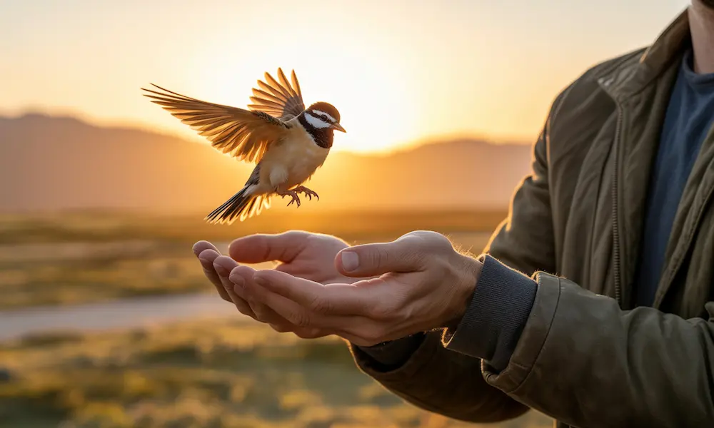 Open hands releasing a bird into the sunrise, symbolizing grace and new beginnings