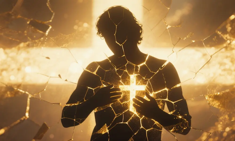 Person with golden light holding their broken pieces together, symbolizing Christ’s sustaining grace