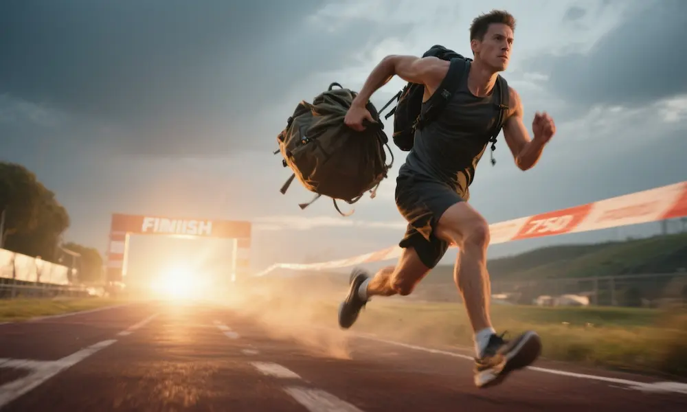Runner casting off a heavy backpack, symbolizing letting go of guilt and pressing on