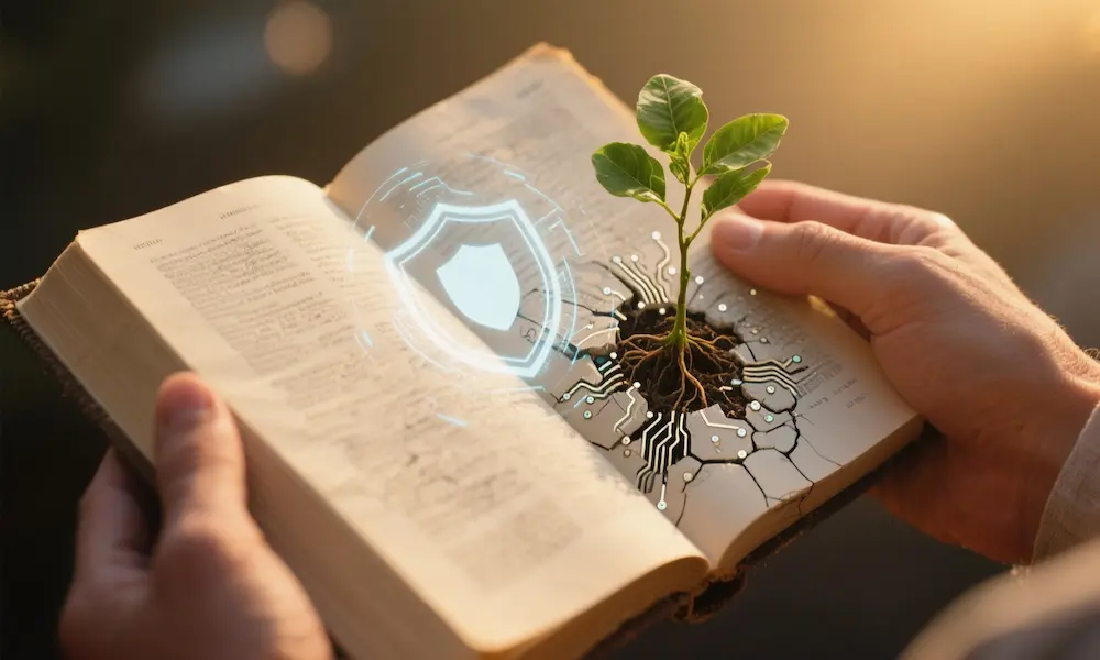 Hands holding an open Bible with a faint digital overlay; a small sapling grows beside it.