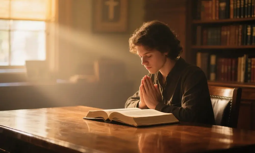 Person praying with open Bible, gentle light, symbolizing wisdom and God’s promises