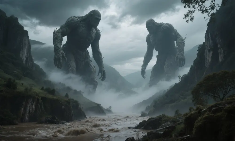 Giants reappearing after the flood, marching through mist-shrouded valley.