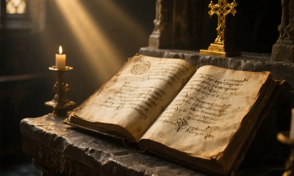 Open ancient manuscript with faded text, hinting at missing stories of female giants.