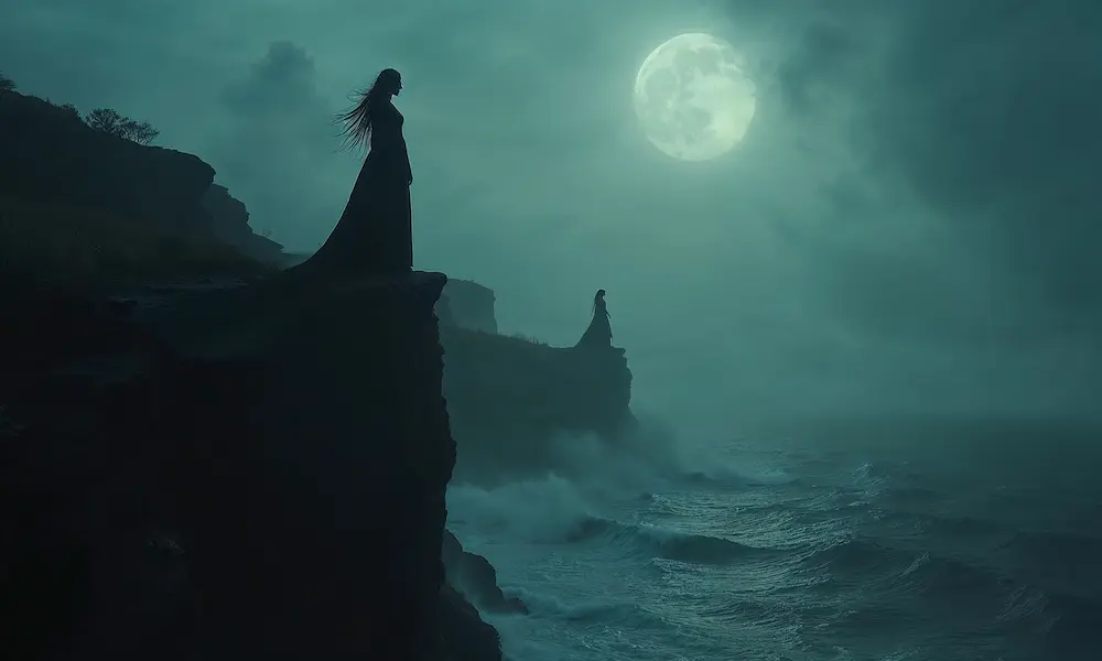 Dark mythic sirens, half-bird half-woman, singing above stormy seas.