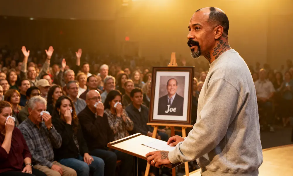 Middle-aged man with tattoos preaching at a memorial-style service, framed photo of a friend on an easel behind him, diverse congregation listening and responding.