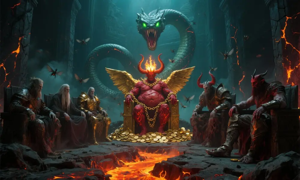 Cinematic council of the Seven Princes of Hell, each embodying a Deadly Sin, gathered around a fiery fissure in an infernal throne hal