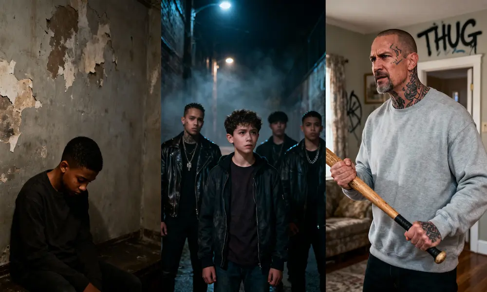 Scene of a lonely young boy, a teen drawn into a peer group at night, and his family home later marked with graffiti while his father watches in fear — representing a decline from childhood trauma into street violence.