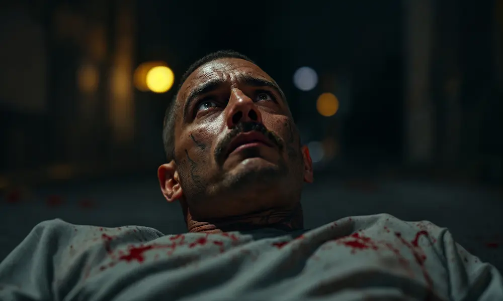 Middle-aged man with tattoos and a gray sweatshirt lying wounded, dark fiery scene on one side representing hell and glowing light on the other representing redemption through Christ.
